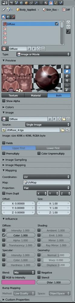 Adding my diffuse texture to the skin material for the Bat Creature