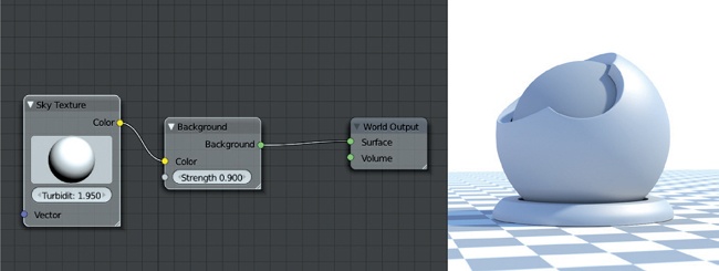 Combining the sky shader for the background with a sun lamp gives a decent approximation of outdoor lighting. Left: The sky shader. Right: Illumination from the sky combined with a sun lamp.