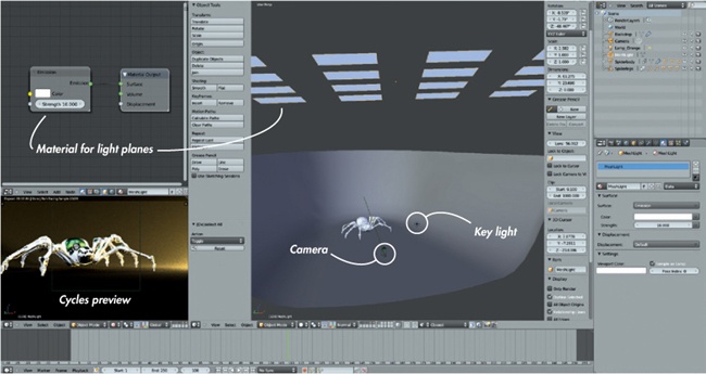 Adding lights to the Spider Bot scene. To the right of the Spider Bot is the orange point lamp, and above it is the grid of mesh lights with their material visible in the Node editor on the left. The Cycles render preview is a great way to get instant feedback on your lighting.