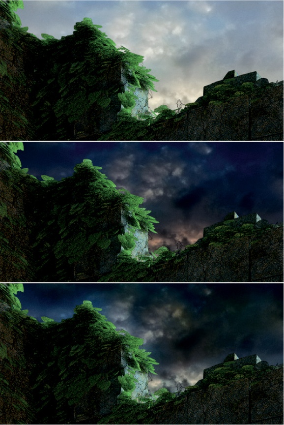 Creating a background for the Jungle Temple in GIMP, using an early, noisy render as a guide. The background was made with the same dimensions as the final image, but only the corner showing the sky is shown here. (The rest of the background image was black.) The render (on a separate layer) was hidden before saving the background.