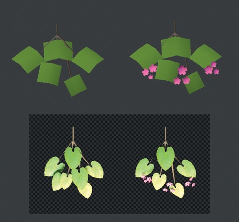 The branch objects I used to increase the complexity of the foliage in the Jungle Temple. Above: The branch objects in the 3D Viewport. Below: The branch objects rendered.