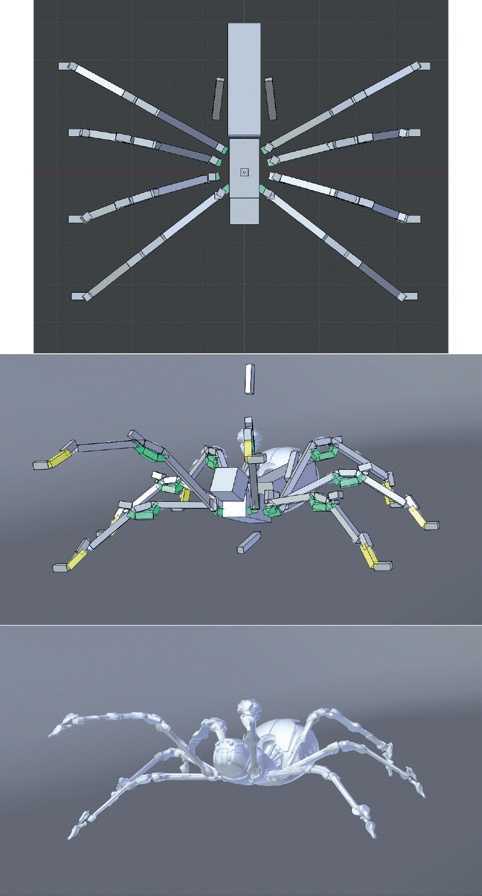 Working with armatures. Top: The armature for the Spider Bot seen on its own from above, in B-Bone view (one of the display options for armatures). Middle: Posing the Spider Bot using the rig. Bottom: The posed Spider Bot shown on its own.