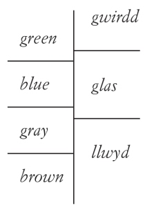 Hjelmslev confronta il gallese e l’inglese per mostrare che all’inglese green corrispondono in gallese gwirdd o glas; a blue corrisponde glas; a gray corrispondono glas e llwyd; a brown corrisponde llwyd.