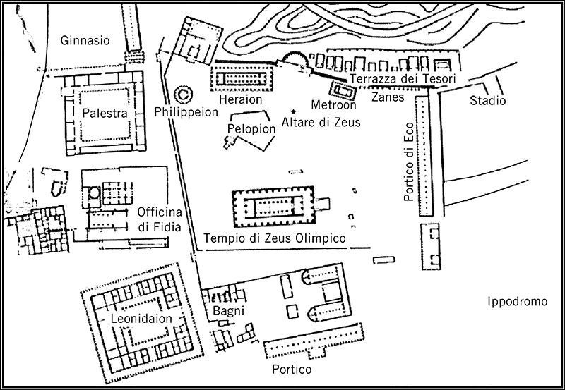 Nella cartina, una riproduzione dei quartieri centrali di Olympia all’epoca della 205esima edizione dei Giochi Ellenici (anno 41 dopo Cristo)