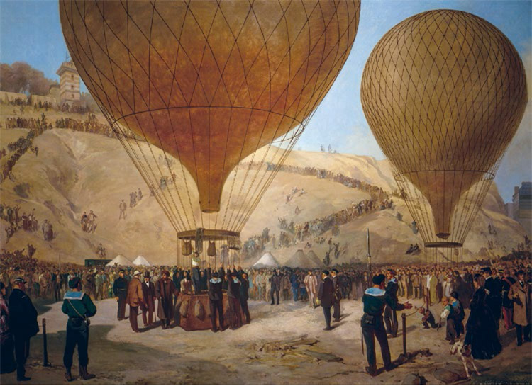 Léon Gambetta leaving Place Saint-Pierre, Montmartre, by hot-air balloon on 7 October 1870, during the siege of Paris. Painting by Jules Didier and Jacques Guiaud. © Musée de la Ville de Paris, Musée Carnavalet, Paris, France / G. Dagli Orti / De Agostini Picture Library / Bridgeman Images