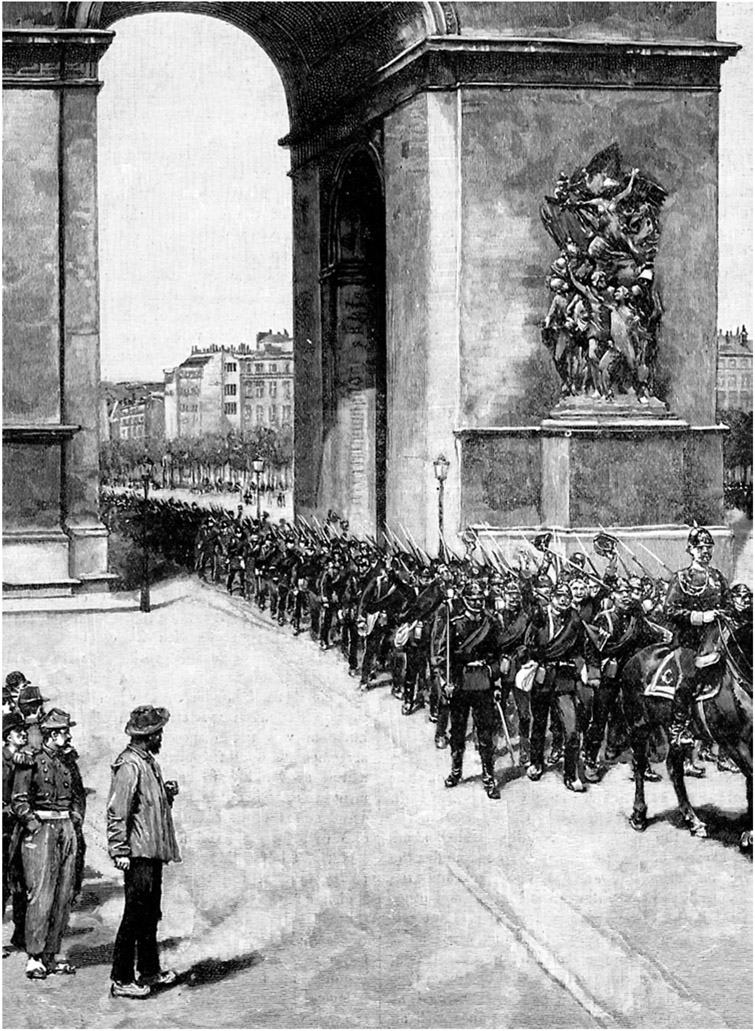 Prussian troops enter Paris through the Arc de Triomphe, 1871. © Lebrecht History / Bridgeman Images