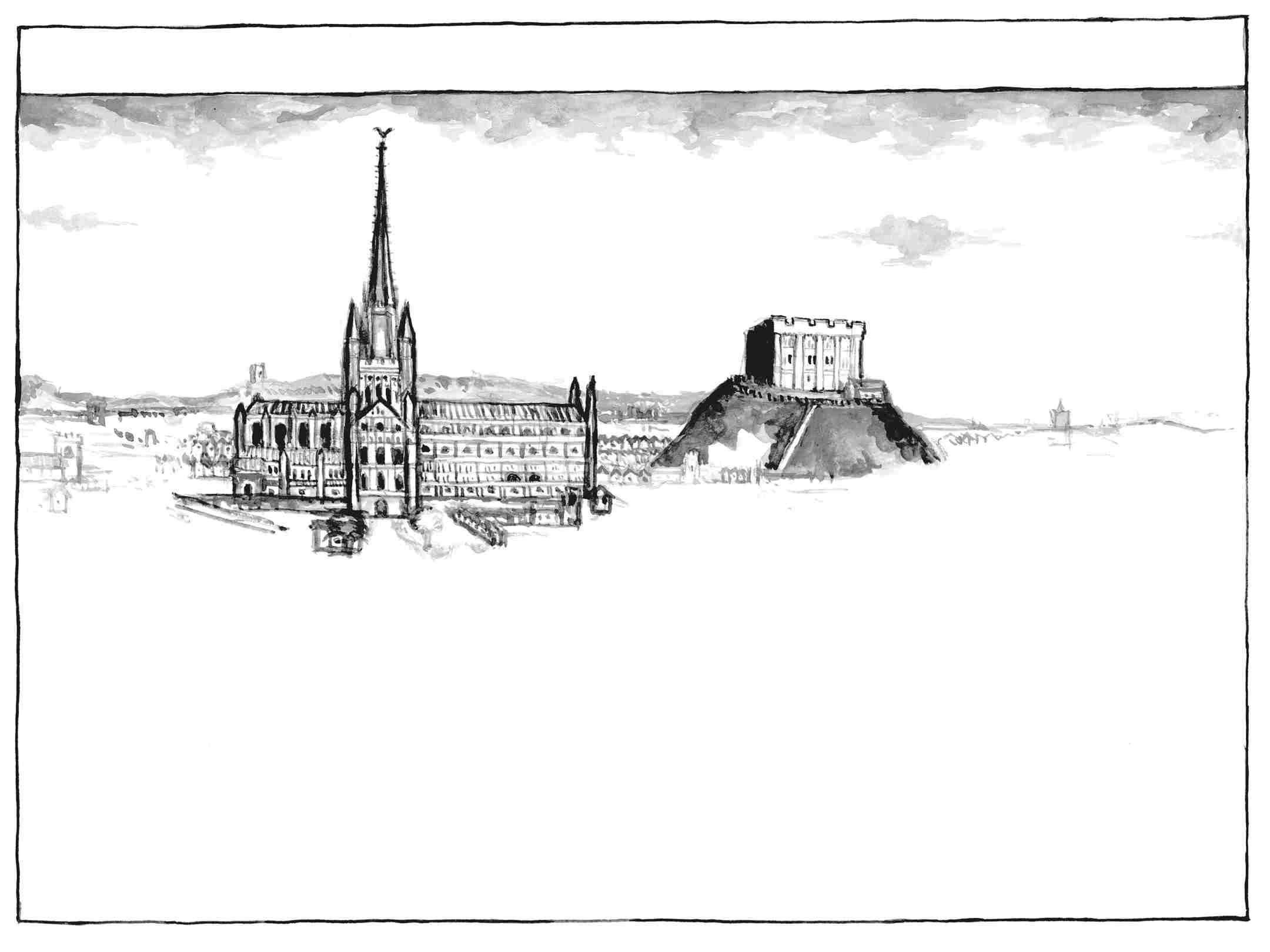 An unfinished painted backdrop of medieval Norwich, showing the large cathedral on the left, the castle on a hill on the right, and a blank bottom half.