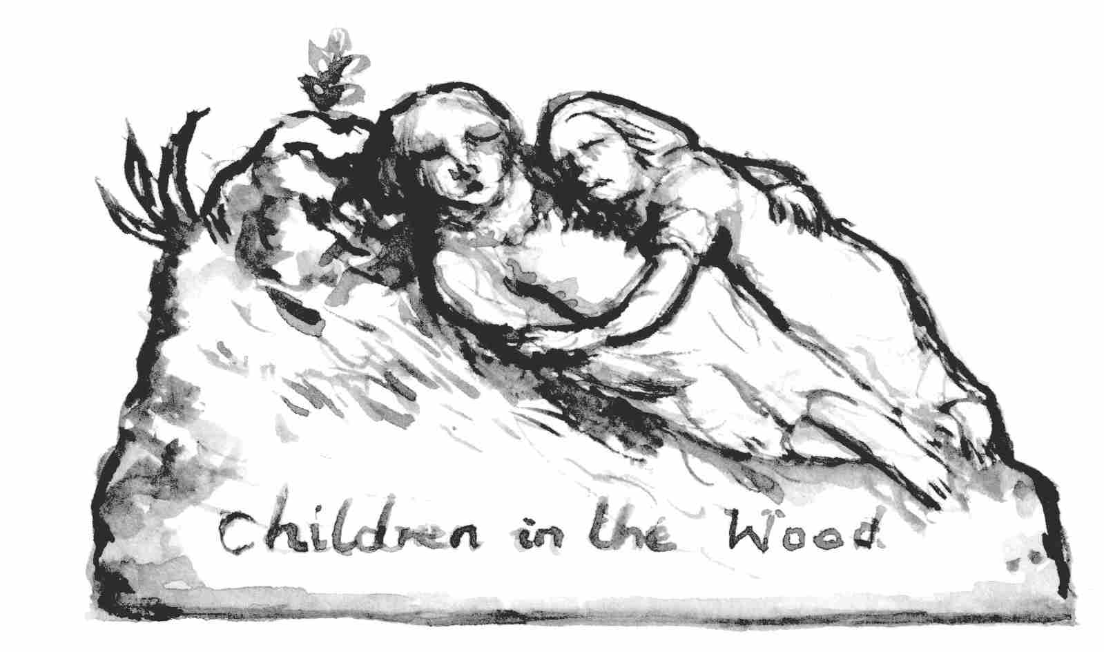 An illustration of a card-­theatre figure of children in the wood: two children are curled up on the ground.