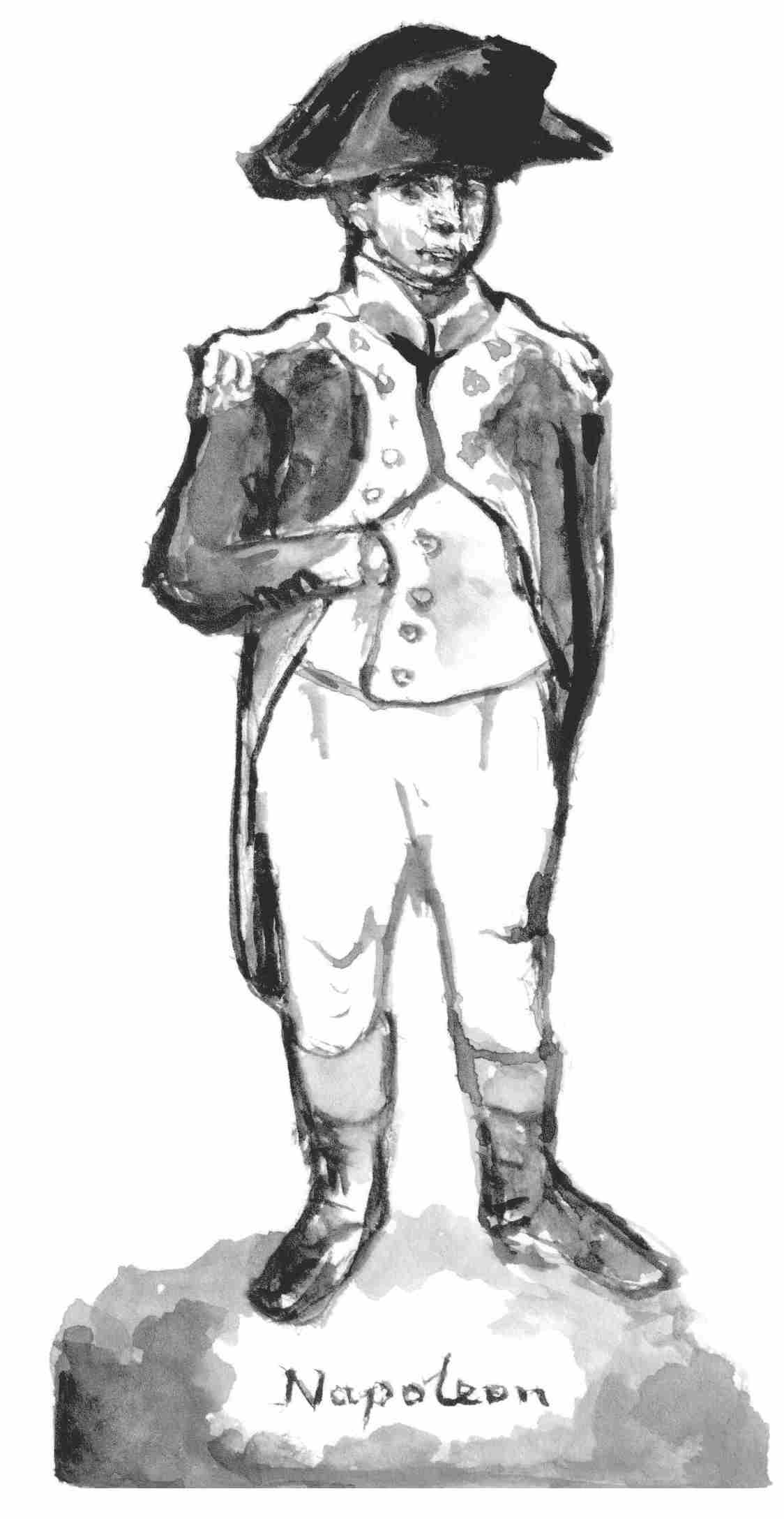 An illustration of a card-­theatre Napoleon wearing French military uniform.