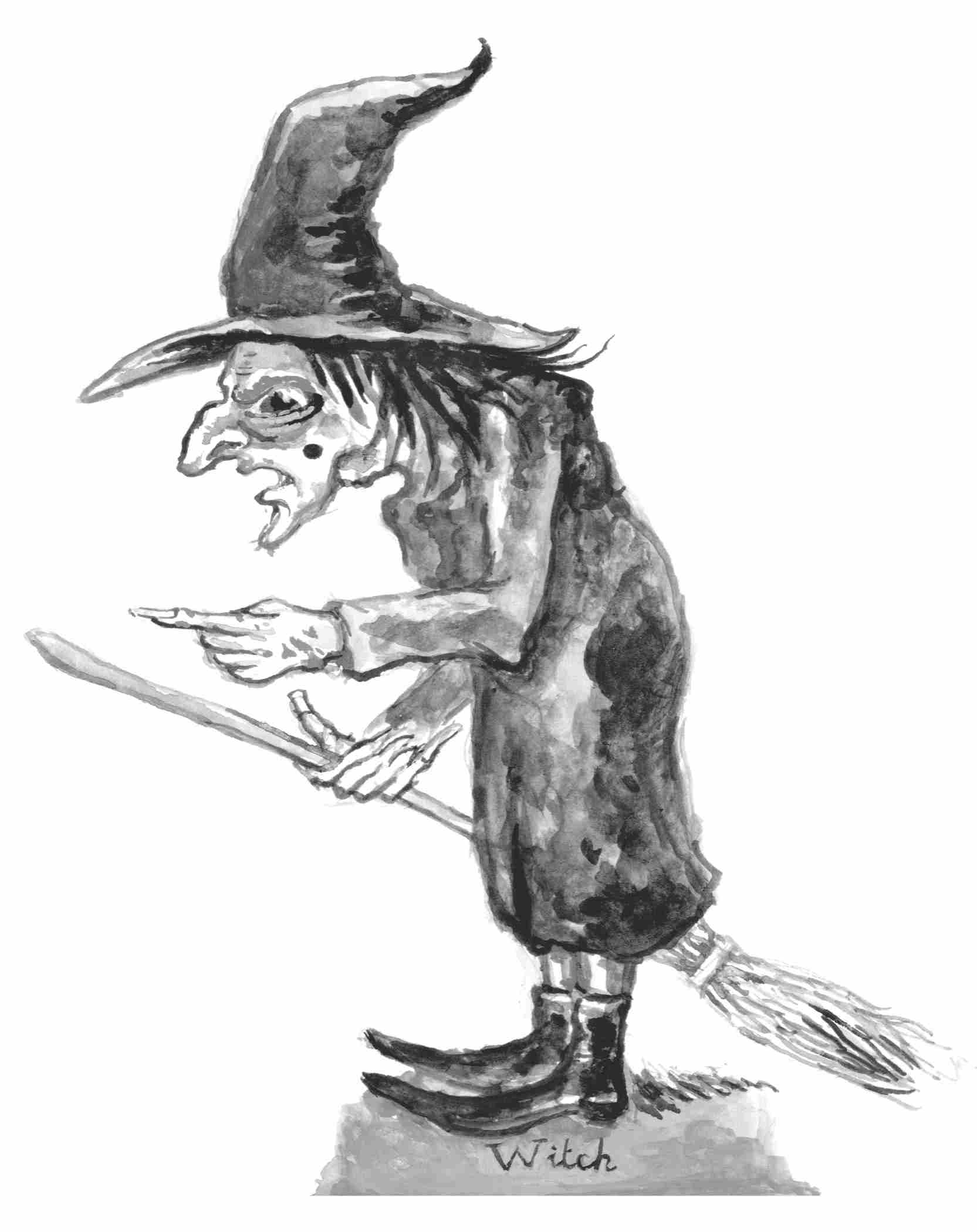 An illustration of a card-­theatre witch, scrawny with a large, hooked nose and black mole on her face. She’s facing left, wearing a long-­sleeved black dress and large pointy witch’s hat, and she’s holding a witch’s broom in her right hand.