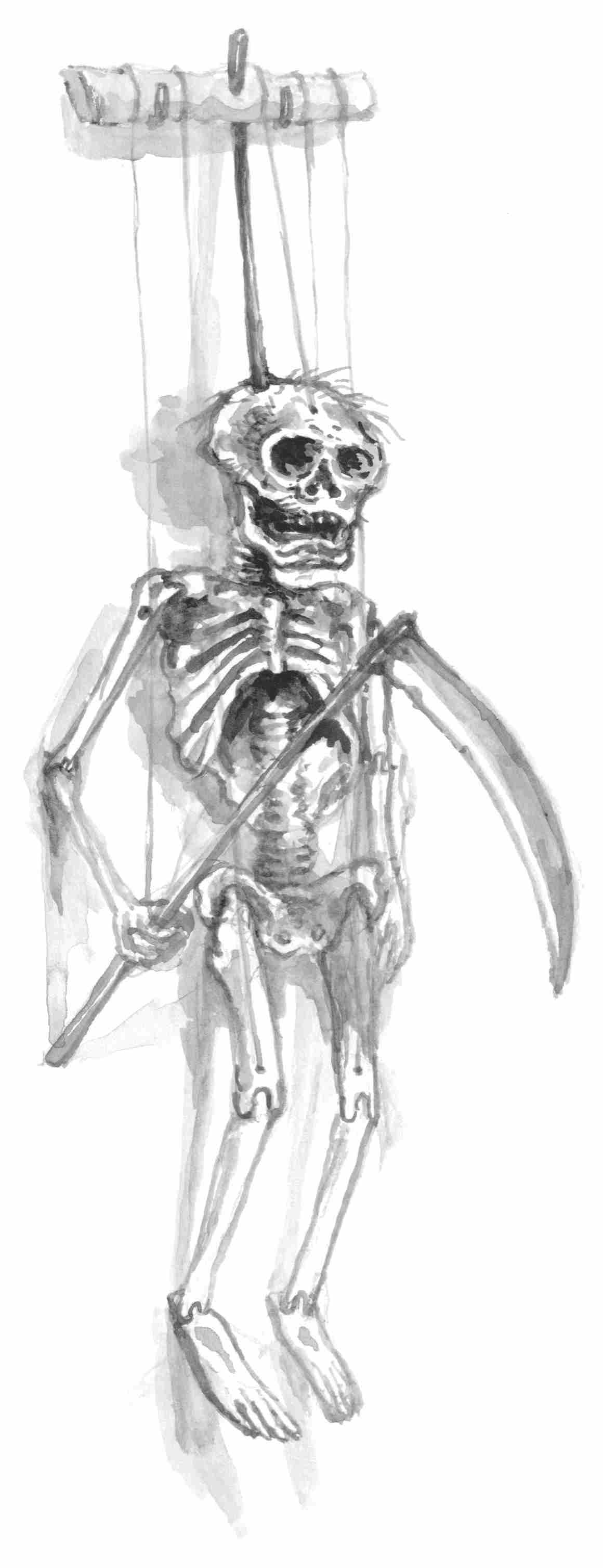 An illustration of the puppet of Death: it’s a skeleton holding a scythe in its right hand, and it’s hanging from a wooden handle.