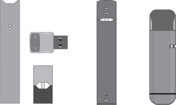 Images of some examples of pod system vaping devices; some pods are like computer USB flash drives and others are like pens or cosmetic products.