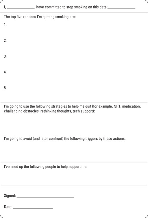 Illustration of a sample template for a personal quit plan - to fill out the top five reasons of a person who has planned to quit smoking.