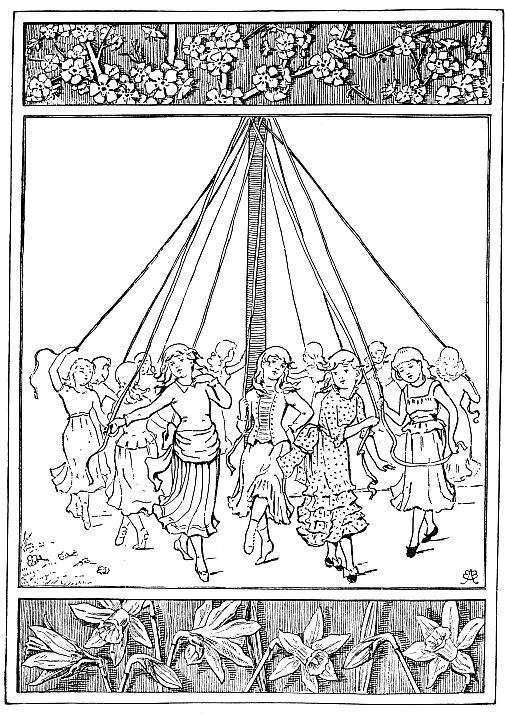 drawing of children dancing round May pole