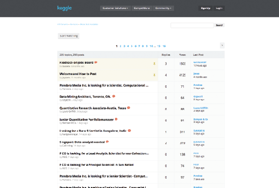 Figure showing kaggle Jobs Board Web Page. This is the front page of the Kaggle jobs forum. All of the posts are available via this page and its successive pages via the links 2, 3, .... We can click on the link for a specific job to read that post.