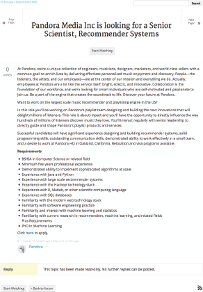 Figure showing screenshot of Kaggle Job Post by Pandora, the free, personalized radio Web site. There are several paragraphs describing the company and the position. There is a bullet-list of required skills.