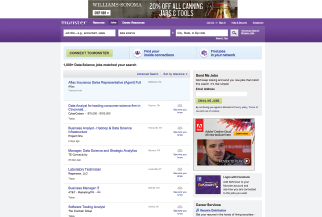 Figure showing list of Search Results for Data Science Jobs on Monster.com. We can enter the search term in various fields to obtain a list of matching job posts. These are shown below the textfields. Each entry corresponds to a job posting. These is some metadata in these items, but none of much interest to us. There are also numerous advertisements on the page, distracting us from the data of interest.