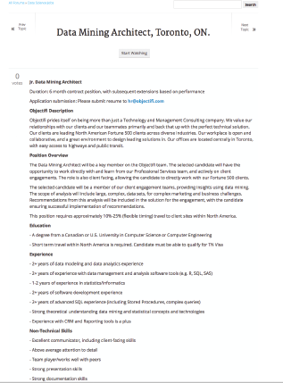 Figure showing semi-Structured Job Post on Kaggle. This shows another Kaggle job posting. Again, much of the content is free-form text within different sections that have a title. There are 2 lists with metadata about education and experience qualifications necessary for the job.