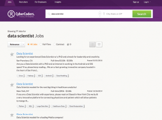 Figure showing search Results for Data Scientist Jobs on CyberCoders.com. We enter the search term in the text field at the top of the Web page. The results are displayed below. Note that in addition to the link to each particular job, the results page also shows metadata about each job, e.g., salary range, location, and a list of required skills. If this is all the information we wanted, we would not have to scrape the actual postings.