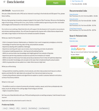 Figure showing sample Job Post on CyberCoders.com. This job posting, like others on cybercoders.com, has several paragraphs of free-form text, and also some itemized lists including one listing the skills necessary for the position. Additionally, the post has the location and salary separately in the top-right corner. It also displays the preferred skills as a list of phrases.