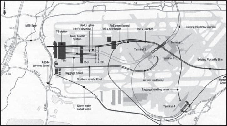 Map of the T5 project and the location of the tunnel projects, with lines marking the T5 station, airside road tunnel, PicEx junction, existing piccadilly line, baggage handling tunnel, A3044 services tunnel, etc.