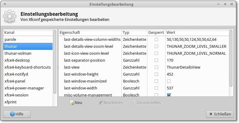 Der xfce-settings-editor
  gibt einen komfortablen Zugriff auf alle Xfce-Einstellungen.