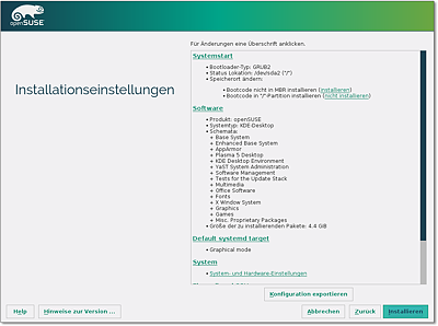 Zusammenfassung der
  Installationseinstellungen