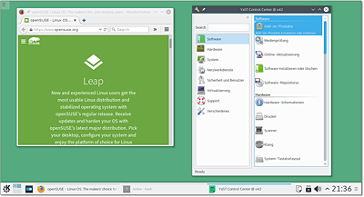 Der KDE-Desktop von openSUSE Leap mit
  je einem Firefox- und  YaST-Fenster