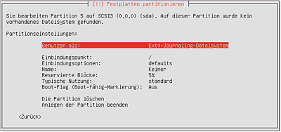 Die Einstellungen für die neue
    Partition