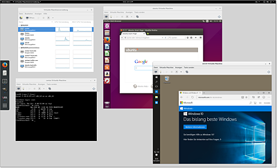 Der Virtual Machine Manager auf einem
   Fedora-Host mit virtuellen CentOS-, Ubuntu- und Windows-Installationen