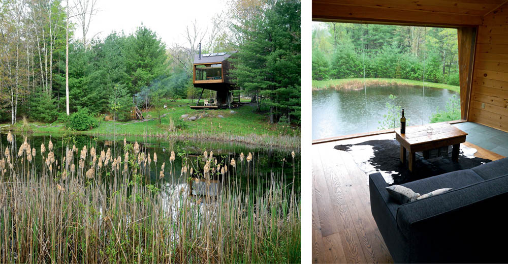 A view of the Willow Tree House overlooking a pond.