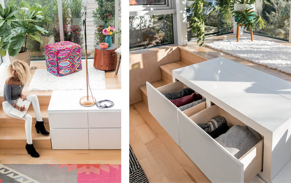 A woman seated in the living space of the Kasita tiny house, and a clothes dresser in the sleeping space.