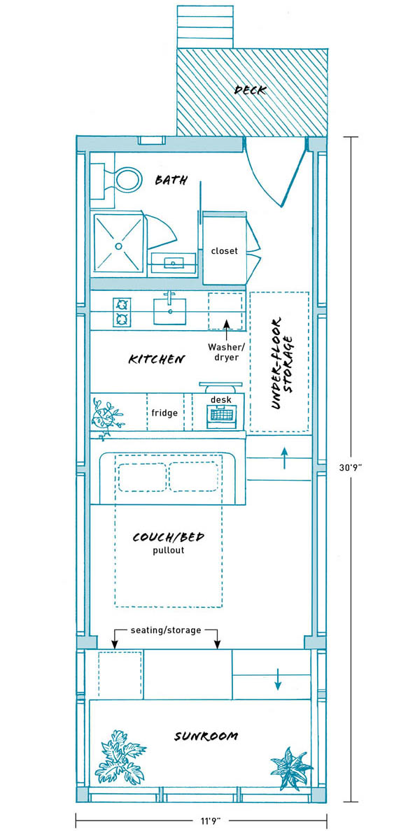 The floor plans of the Kasita tiny house.