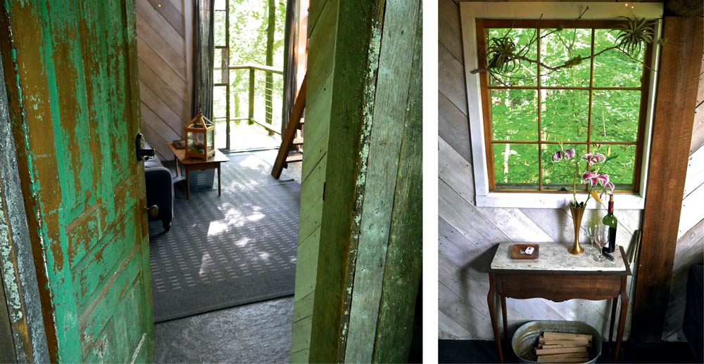 The rear doorway and a view from a window in the Luna Loft treehouse.