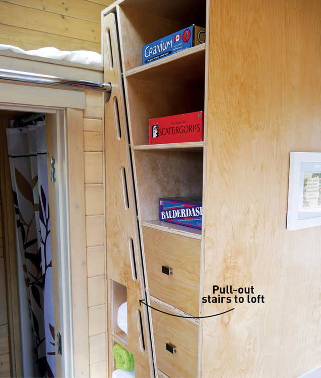 Pull-out stairs to the loft in the Dragonfly Tiny House.