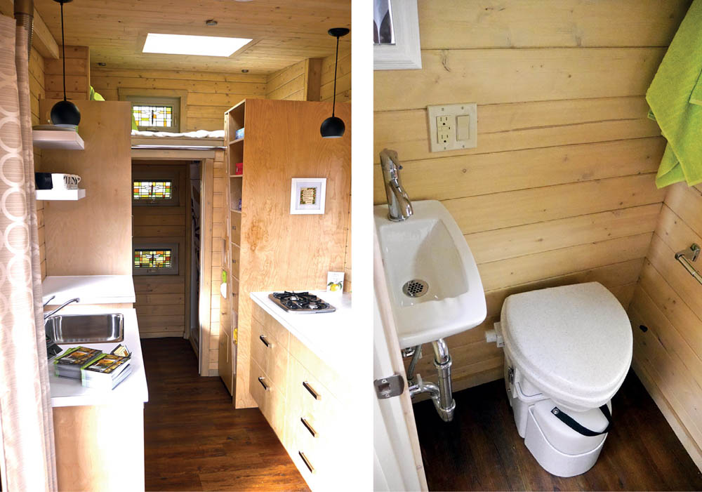 The kitchen area and sleeping loft, and the bathroom with a toilet and sink in the Dragonfly Tiny House.