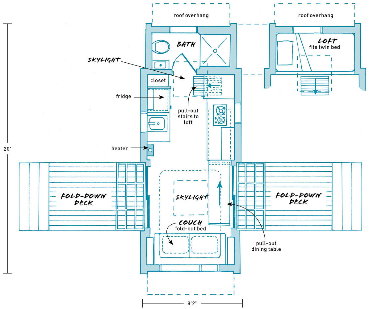 The floor plans of the Dragonfly Tiny House.