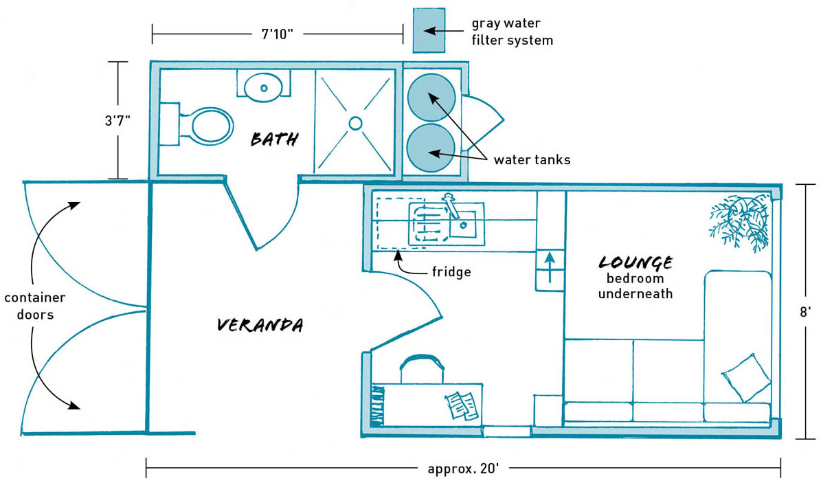 The floor plans of the IQ Container tiny house.