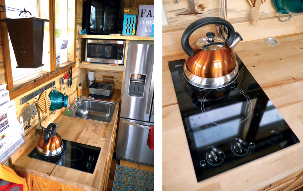 The kitchen area and stovetop in the Bunkaboose tiny house.