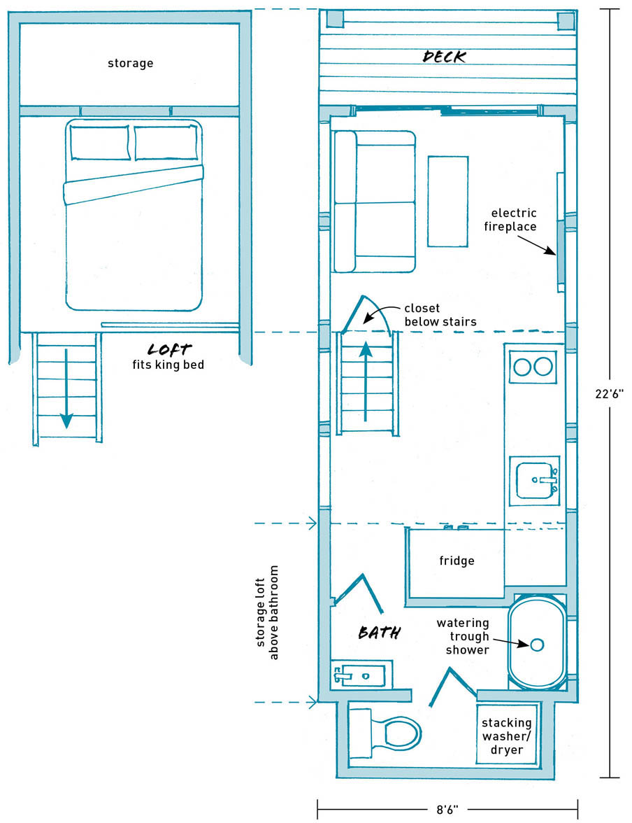 The floor plans to the Bunkaboose tiny house.