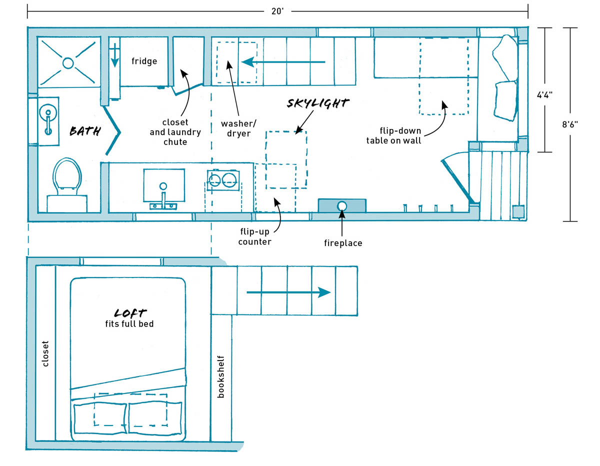 The floor plans of the Maiden Mansion tiny house.