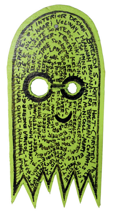 Playful artwork of a green ghost.