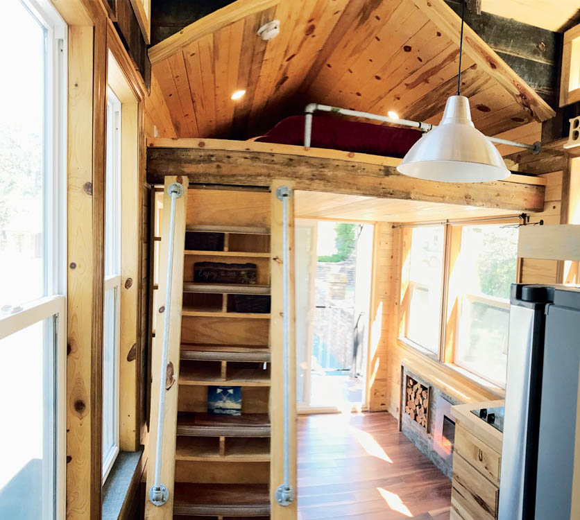 The stairs to the loft in the Bunkaboose tiny house.