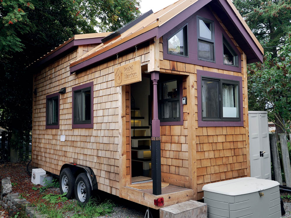 The exterior of the Maiden Mansion tiny house.