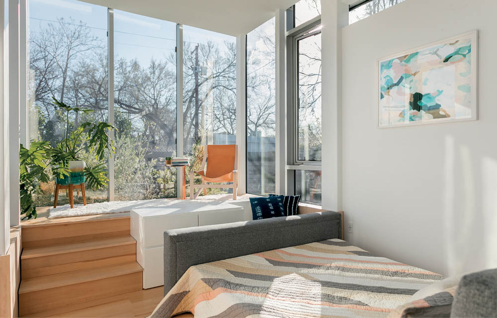 The interior living and sleeping space in the Kasita tiny house.