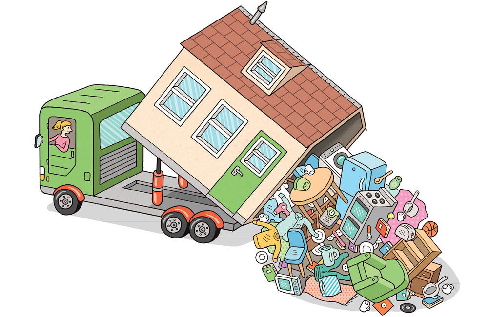 Playful artwork of a tiny house dump truck, dumping out lots of furniture and clutter.