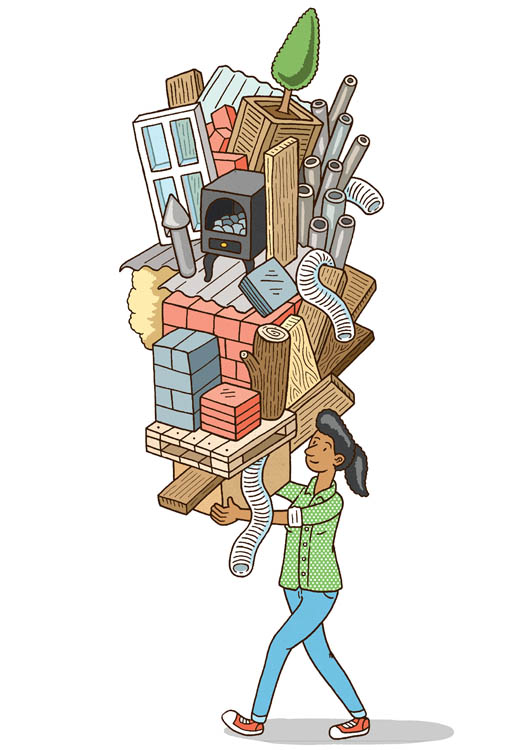 Playful artwork of a woman carrying a very tall stack of building supplies and materials.