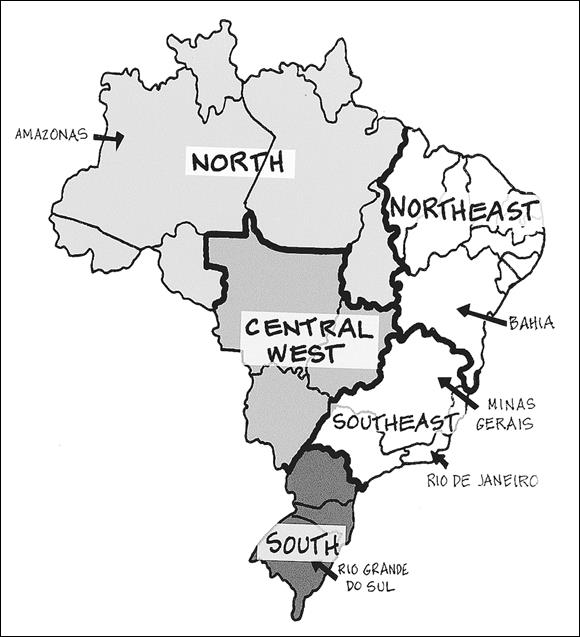 Map shows the five regions of Brazil and popular destinations.