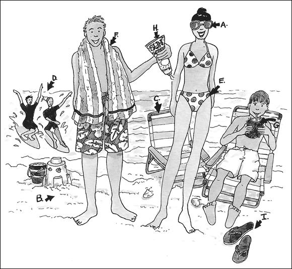 Schematic illustration of people enjoying in the beach.