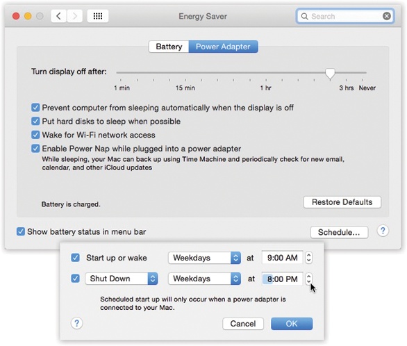 Top: Here’s what Energy Saver looks like on a laptop. In the “Display sleep” option, you can specify an independent sleep time for the screen.Bottom: Here are the Schedule controls—the key to the Mac’s self-scheduling abilities.